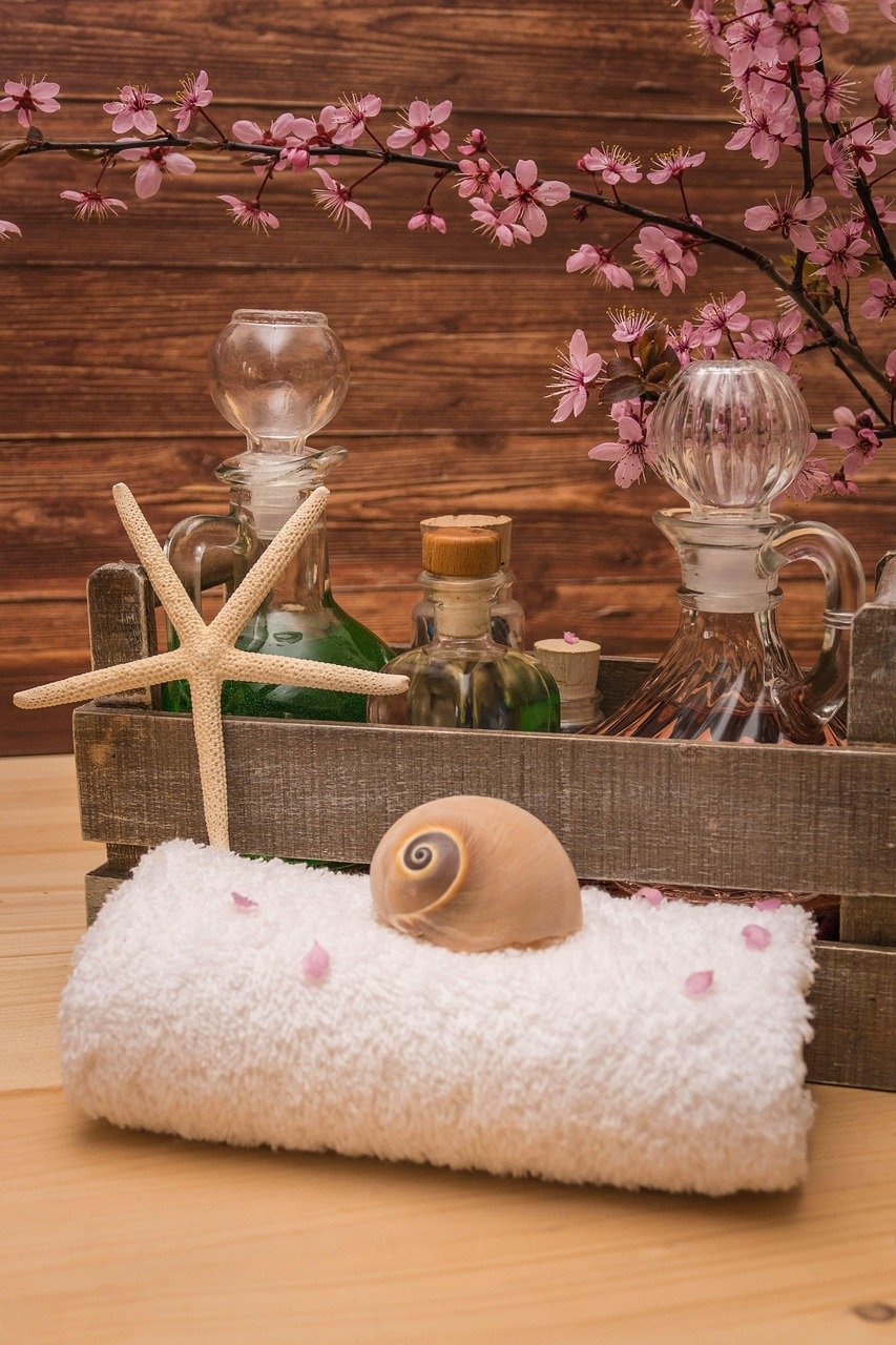 our-services-03 towel, blooms, wellness, pink flowers, carafe, relaxation, still life, decor, flowering branches