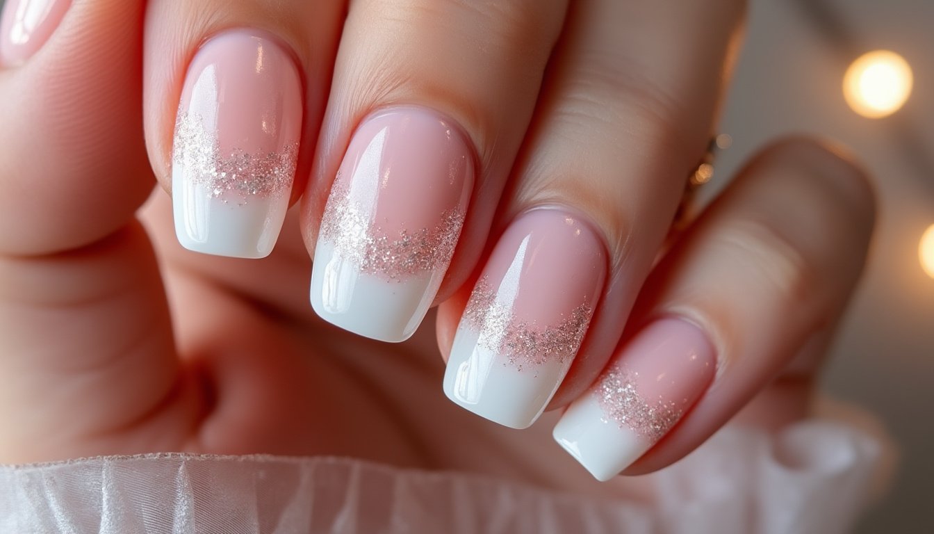 découvrez des faux ongles carrés effet baby boomer avec une touche de glitter pour une finition glossy élégante et tendance. parfaits pour une manucure chic et durable à la maison.