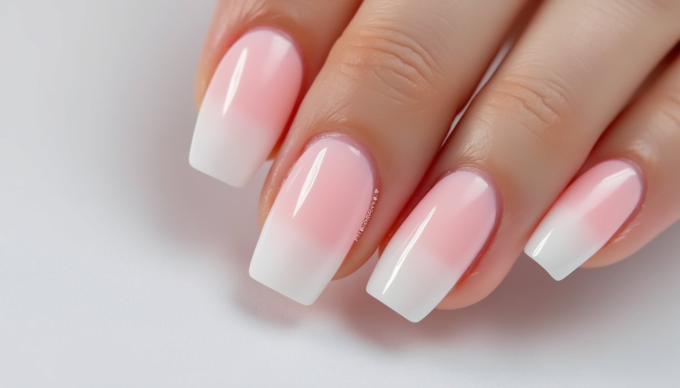 découvrez les faux ongles carrés effet baby boomer, au fini glossy remarquable. offrez-vous une manucure tendance, élégante et originale en un instant !